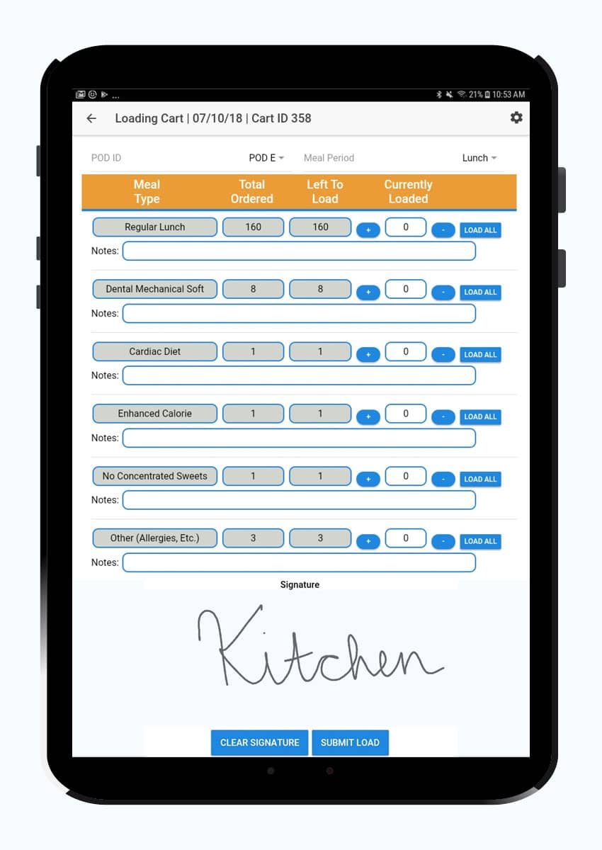Tablet device displaying loading cart screen of Food Service Ace - Institution Meals app